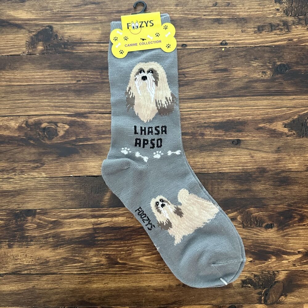 NWT Foozys Gray Lhasa Apso Print Crew Length Casual Socks Women One Size